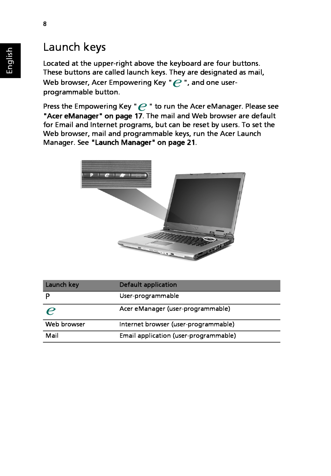 Acer 2310 Series manual Launch keys, English 