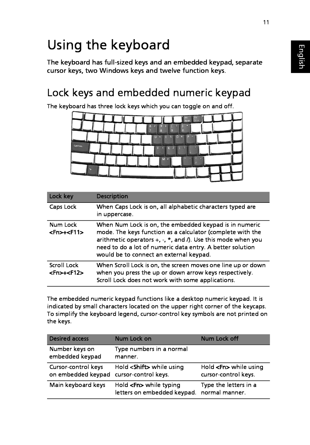 Acer 2310 Series manual Using the keyboard, Lock keys and embedded numeric keypad, English 
