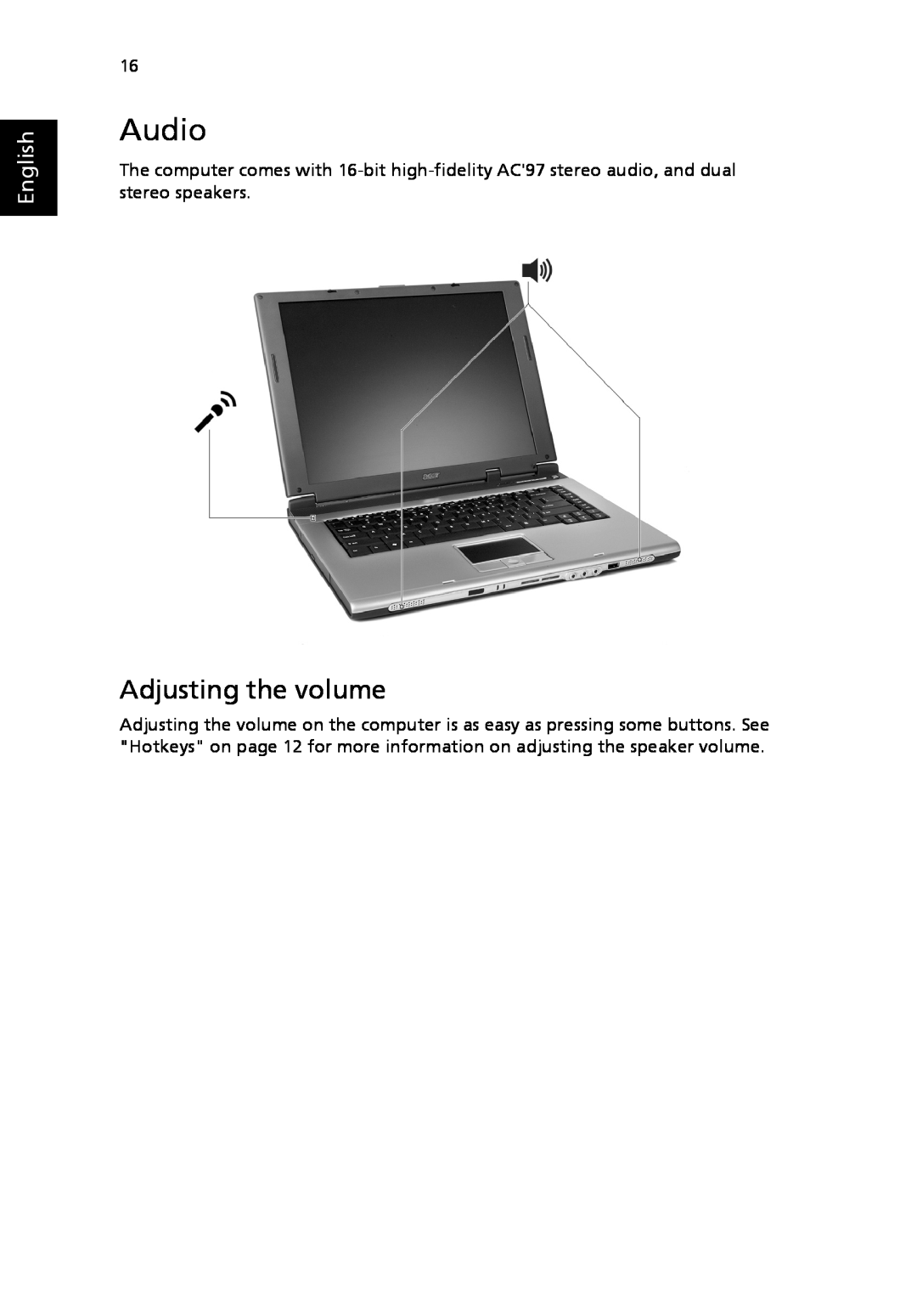 Acer 2310 Series manual Audio, Adjusting the volume, English 