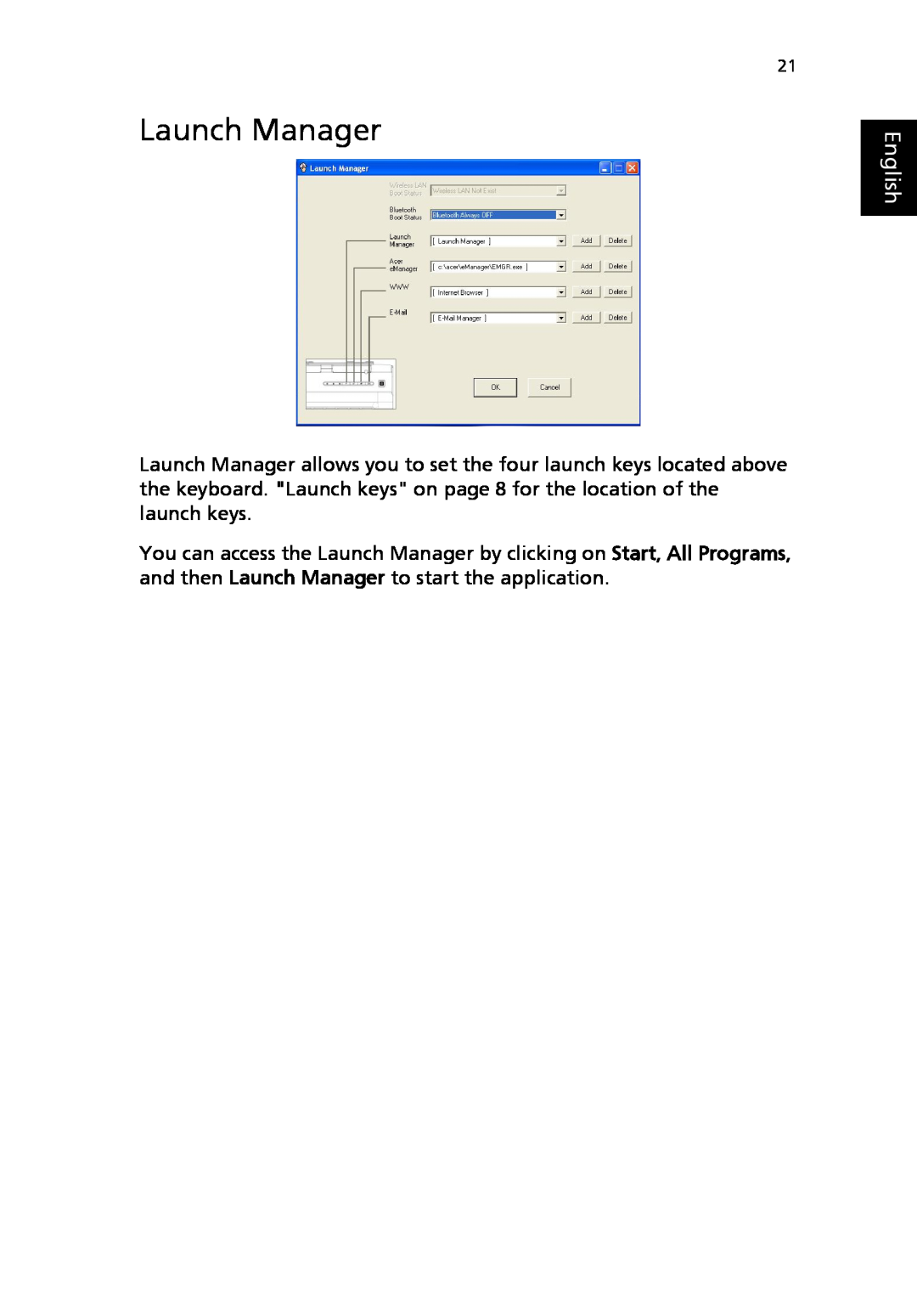 Acer 2310 Series manual Launch Manager, English 