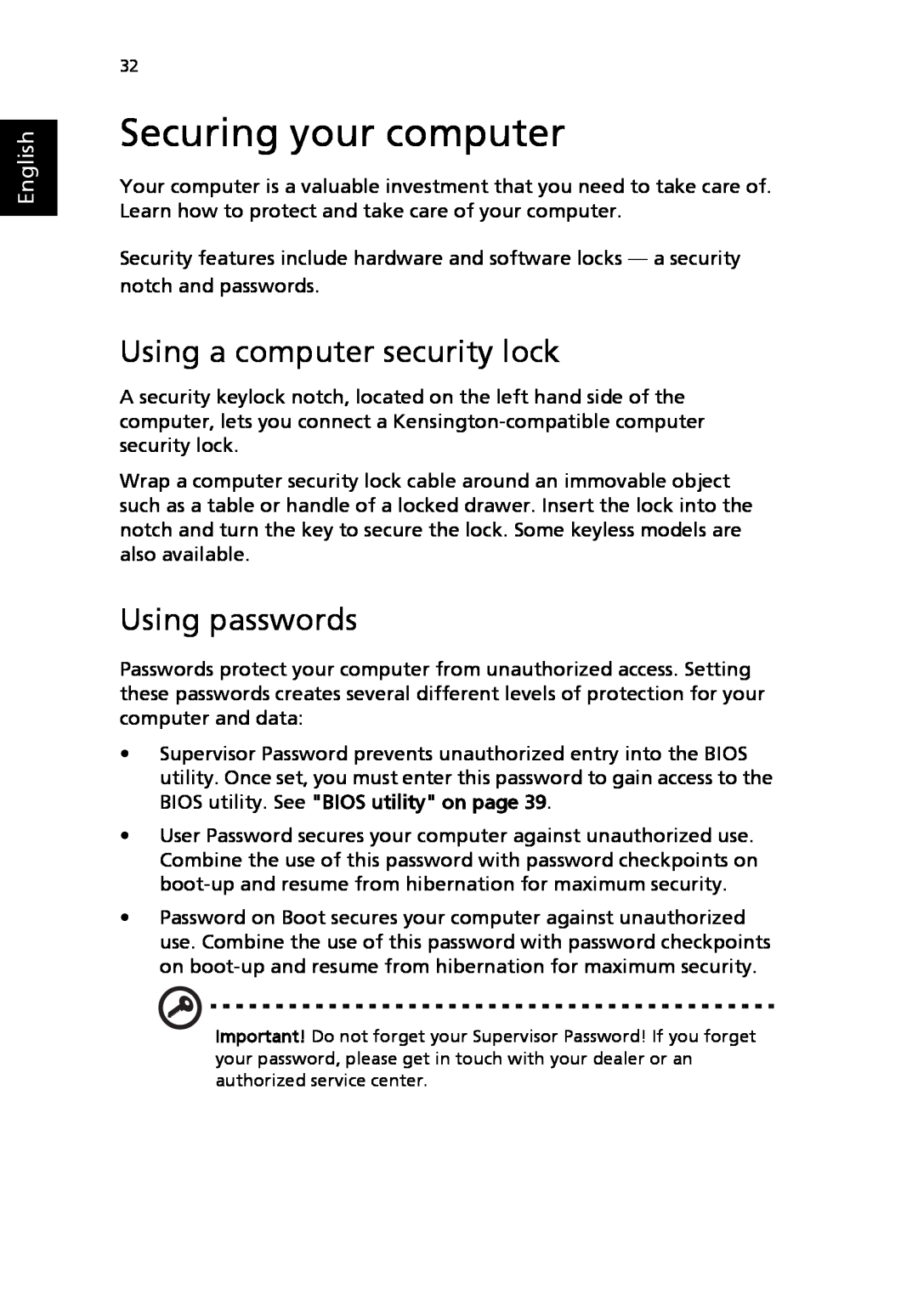 Acer 2310 Series manual Securing your computer, Using passwords, Using a computer security lock, English 