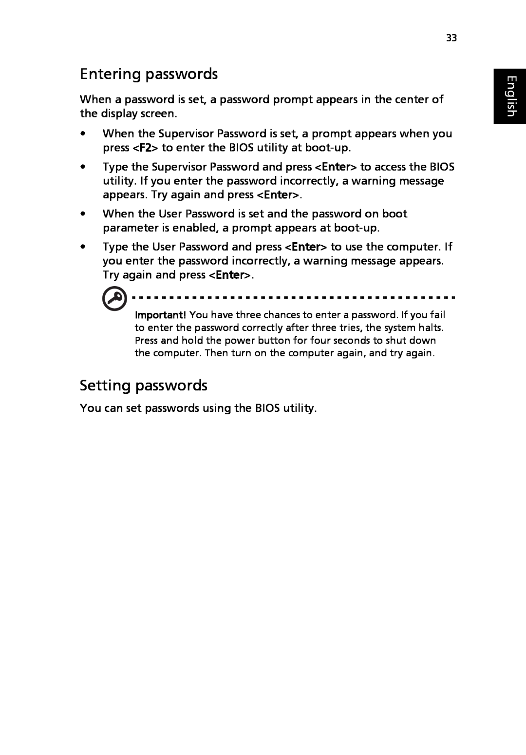 Acer 2310 Series manual Entering passwords, Setting passwords, English 