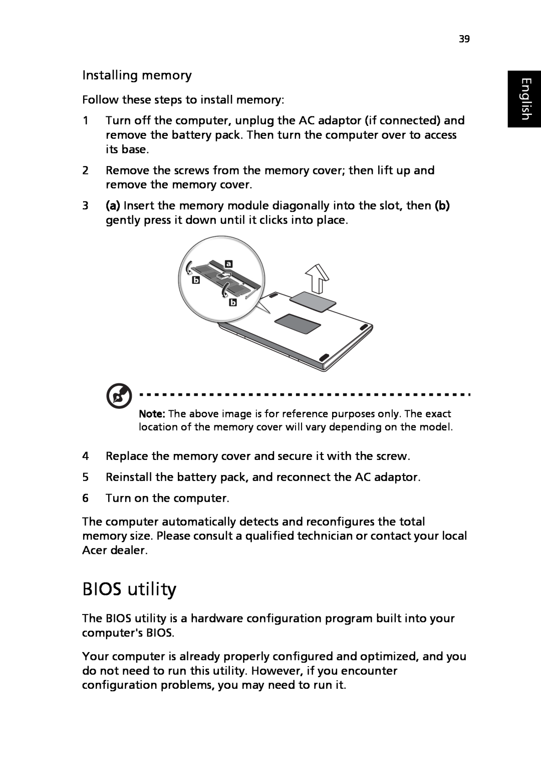 Acer 2310 Series manual BIOS utility, Installing memory, English 