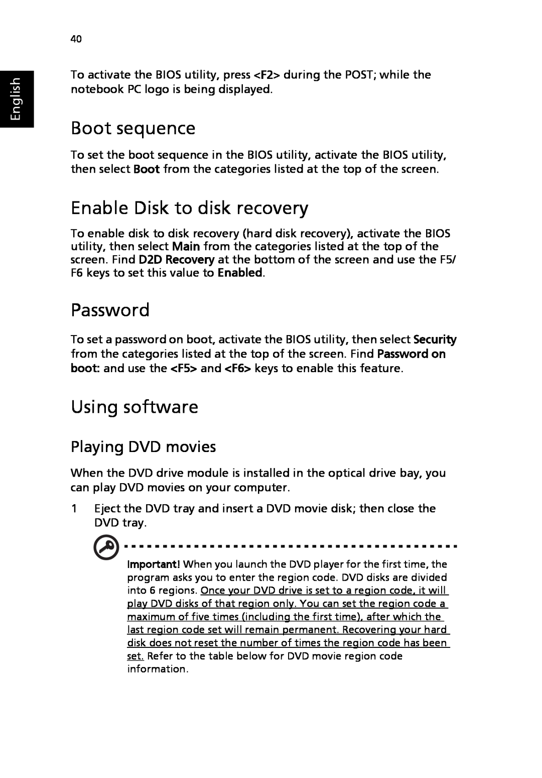 Acer 2310 Series manual Boot sequence, Enable Disk to disk recovery, Password, Using software, Playing DVD movies, English 