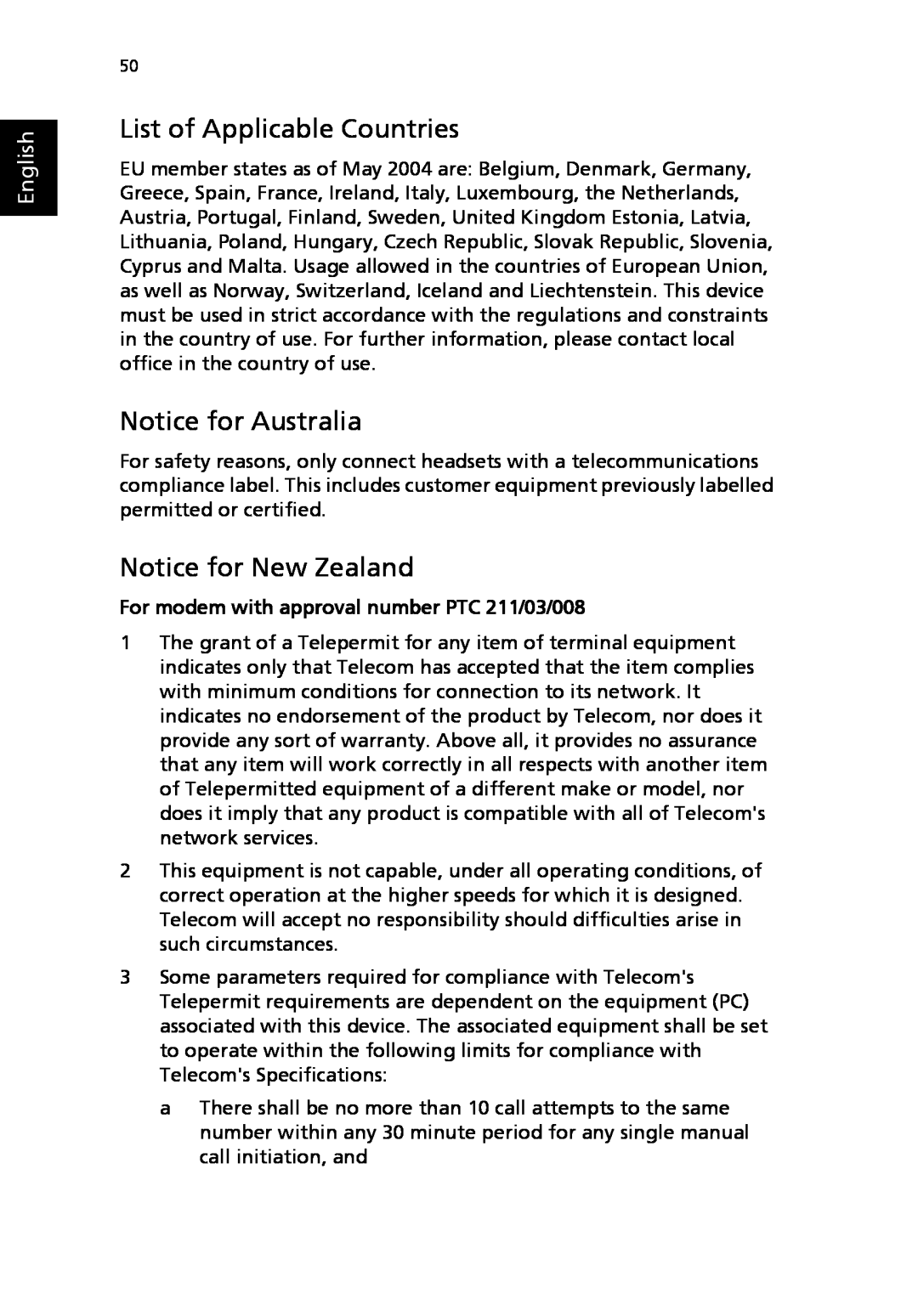 Acer 2310 Series manual List of Applicable Countries, Notice for Australia, Notice for New Zealand, English 