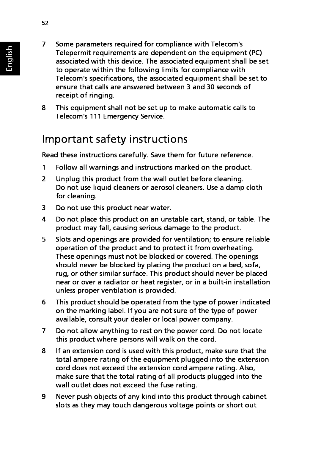 Acer 2310 Series manual Important safety instructions, English 