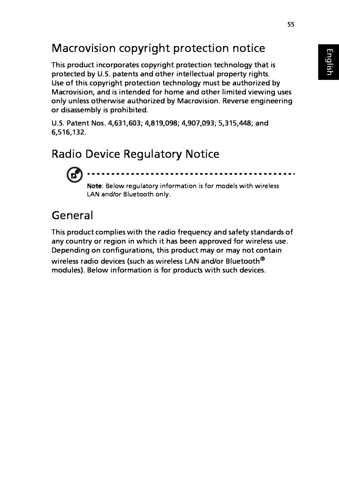 Acer 2310 Series manual Macrovision copyright protection notice, Radio Device Regulatory Notice, General, English 