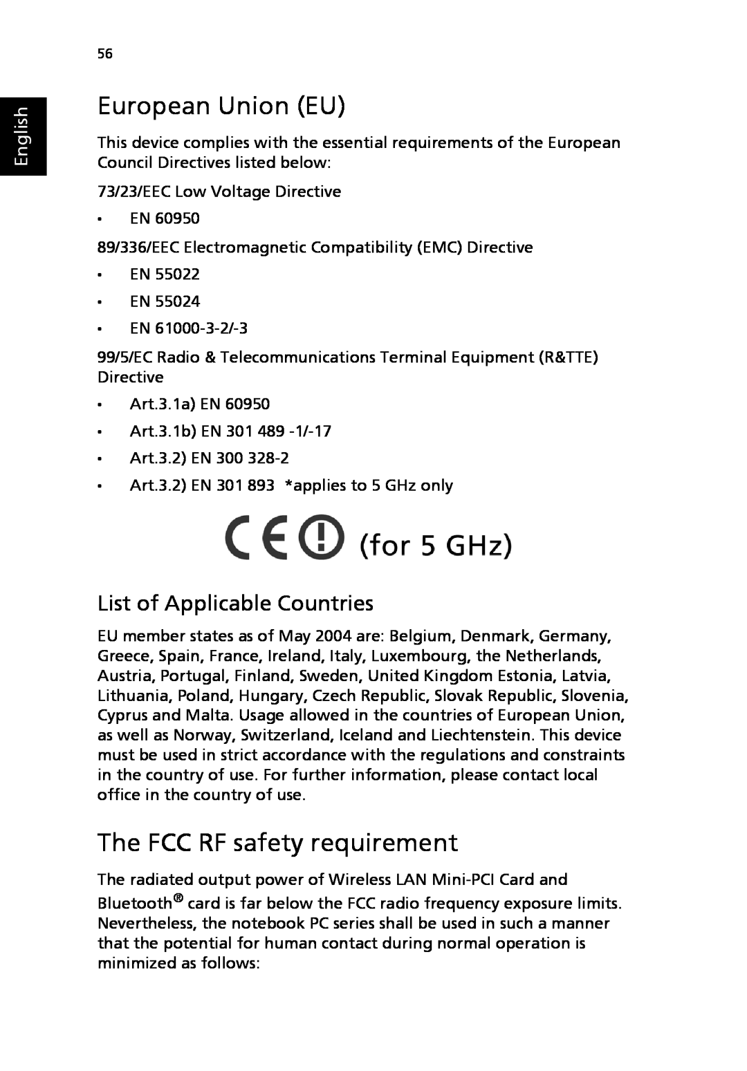 Acer 2310 Series manual European Union EU, The FCC RF safety requirement, List of Applicable Countries, English 