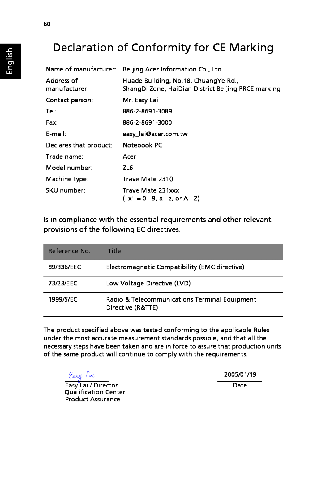 Acer 2310 Series manual Declaration of Conformity for CE Marking, English 