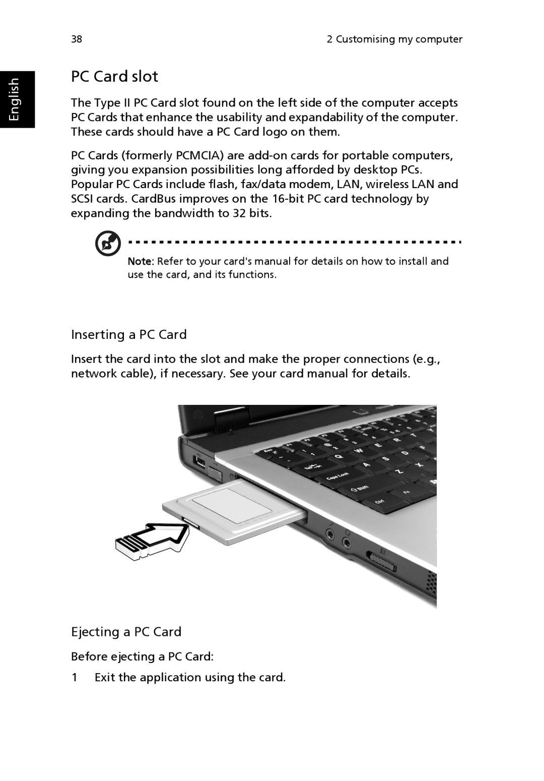 Acer 2350 manual PC Card slot, Inserting a PC Card, Ejecting a PC Card 