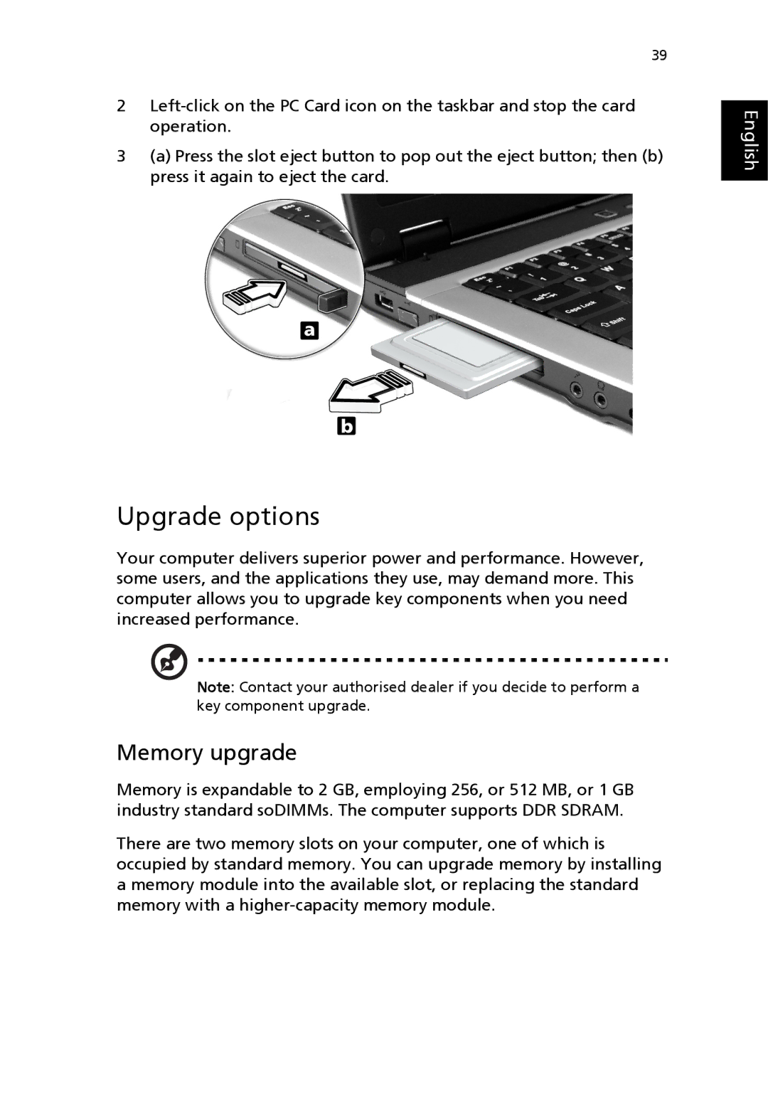 Acer 2350 manual Upgrade options, Memory upgrade 