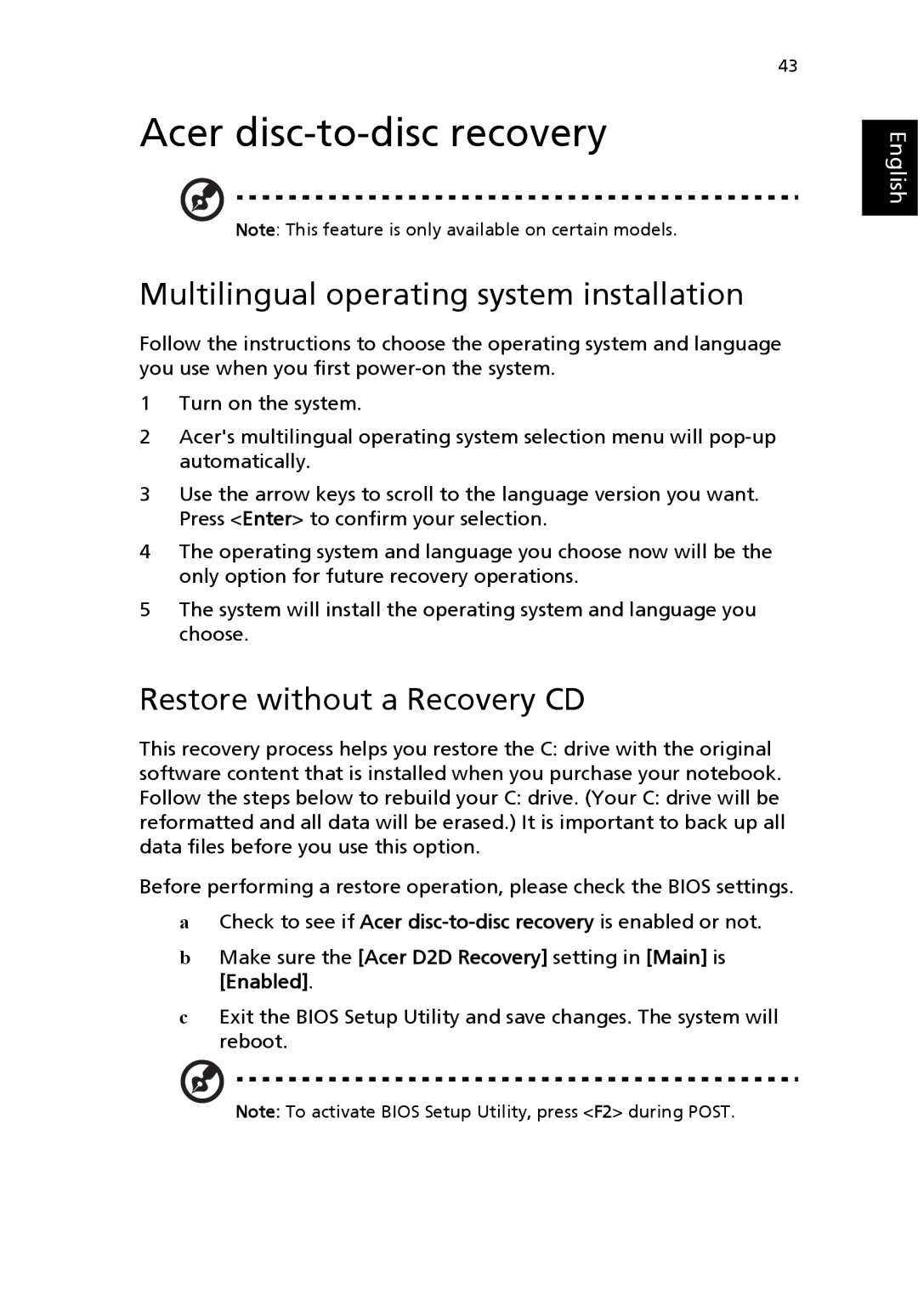 Acer 2350 manual Acer disc-to-disc recovery, Multilingual operating system installation, Restore without a Recovery CD 