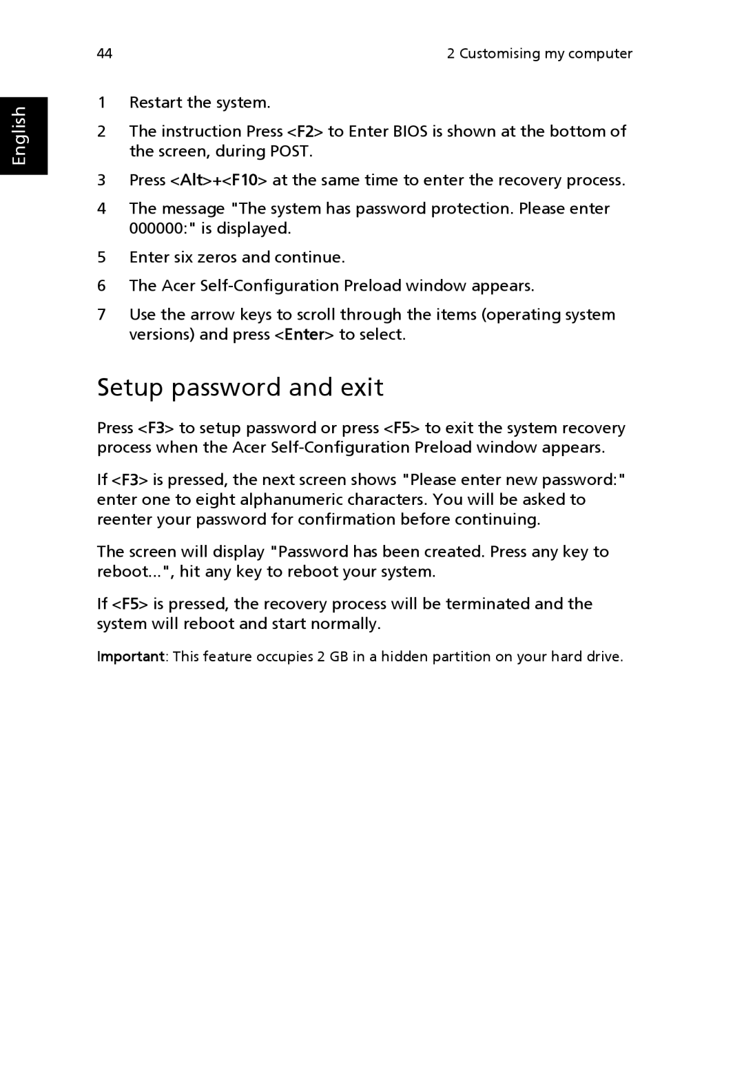 Acer 2350 manual Setup password and exit 