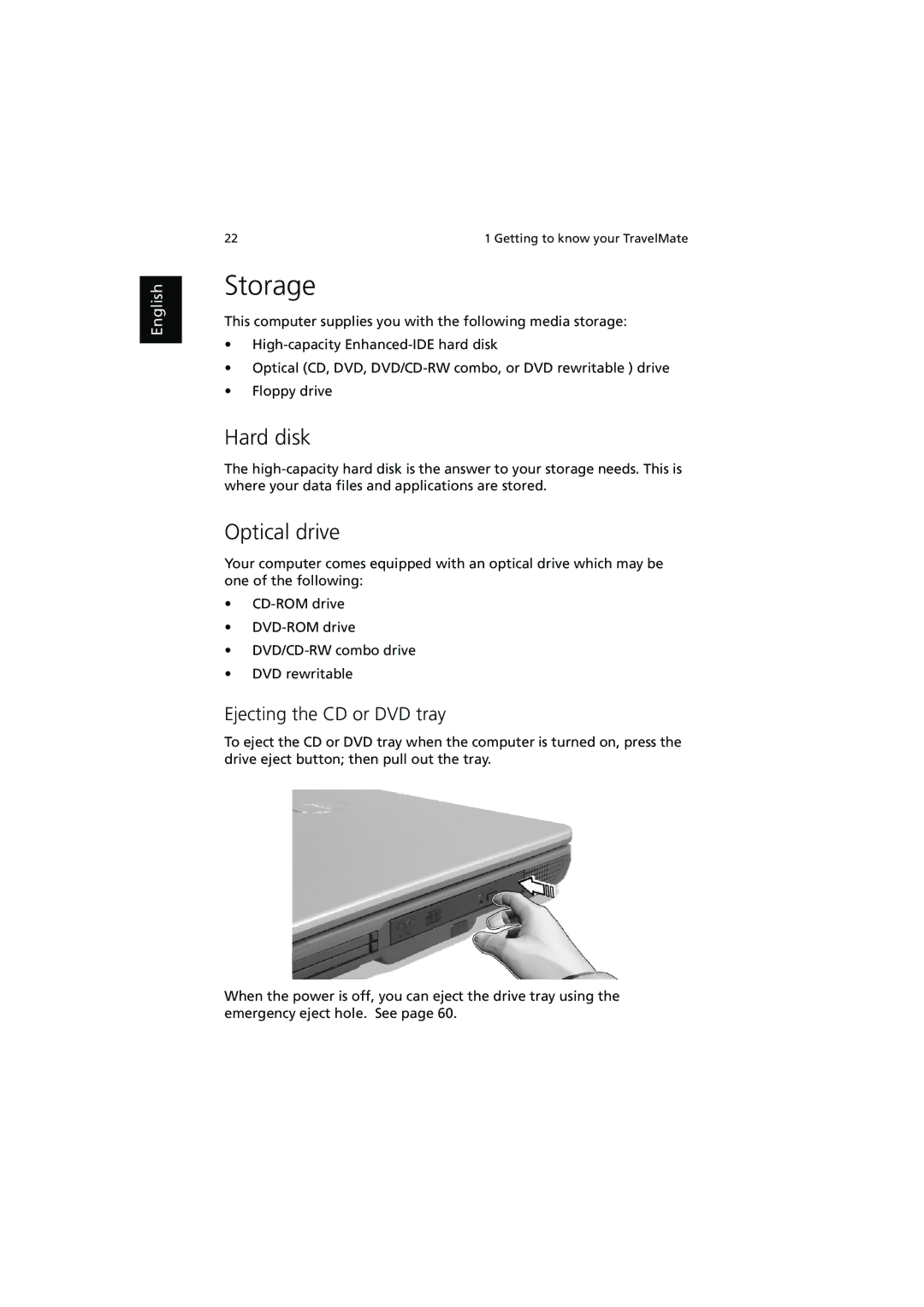 Acer 240, 250 manual Storage, Hard disk, Optical drive, Ejecting the CD or DVD tray 