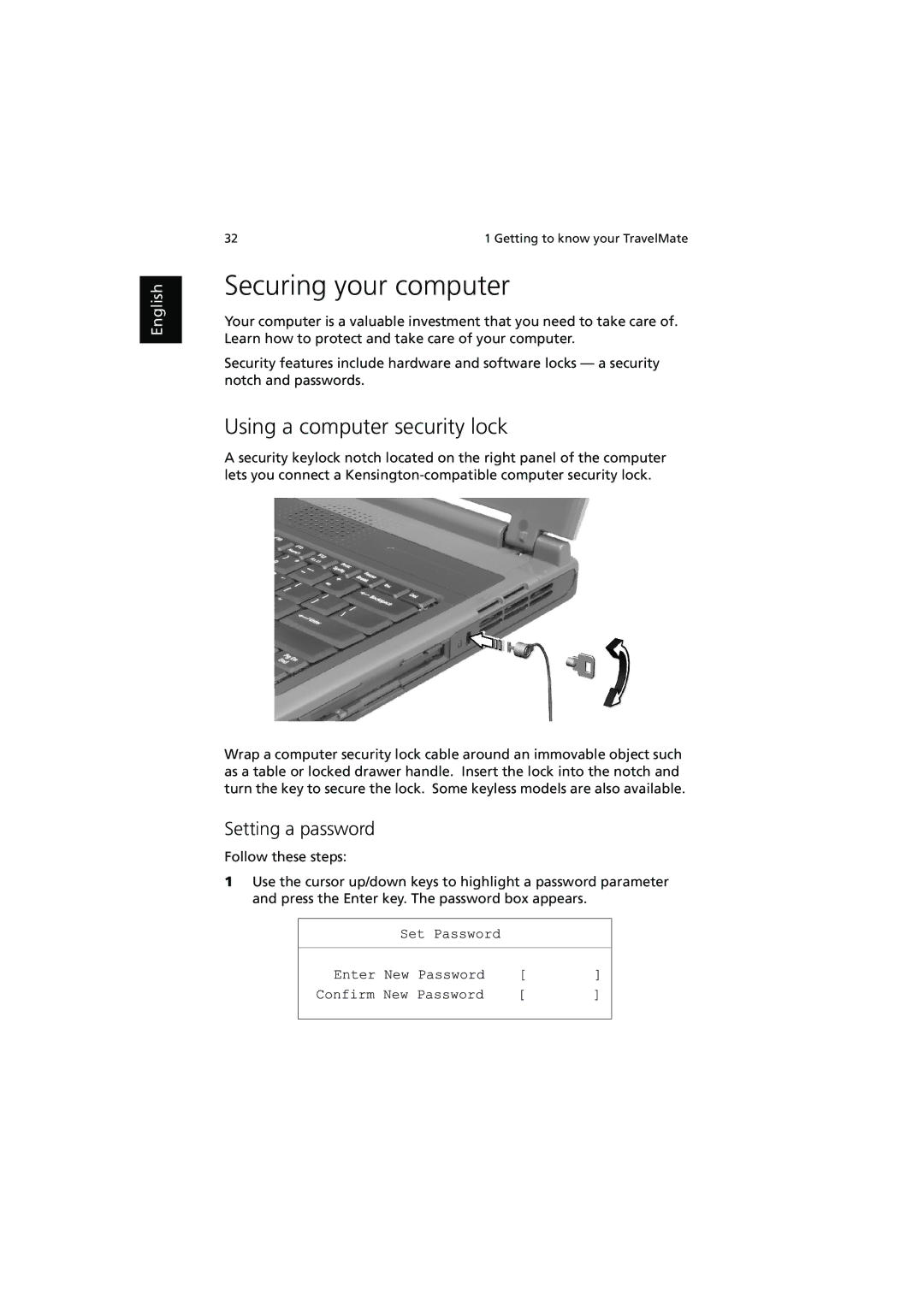 Acer 240, 250 manual Securing your computer, Using a computer security lock, Setting a password 