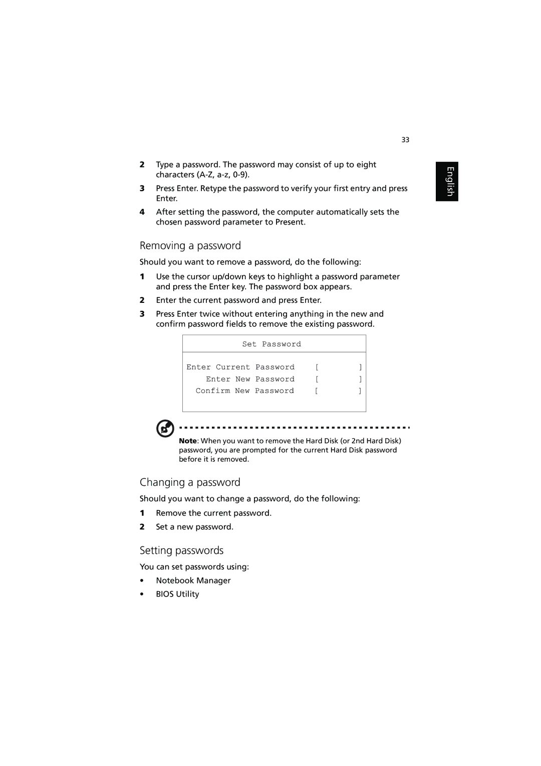 Acer 250, 240 manual Removing a password, Changing a password, Setting passwords 