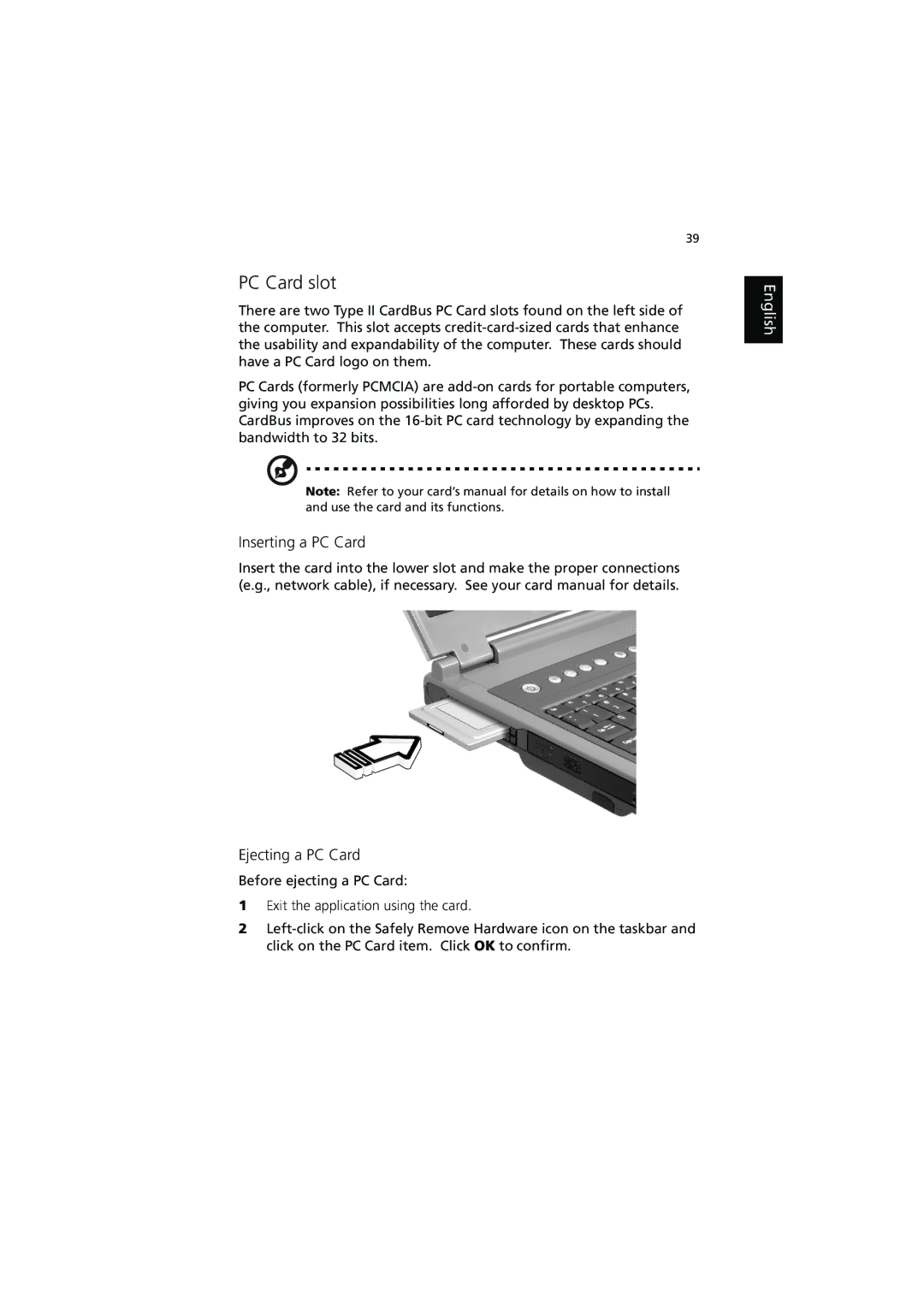 Acer 250, 240 manual PC Card slot, Inserting a PC Card, Ejecting a PC Card 