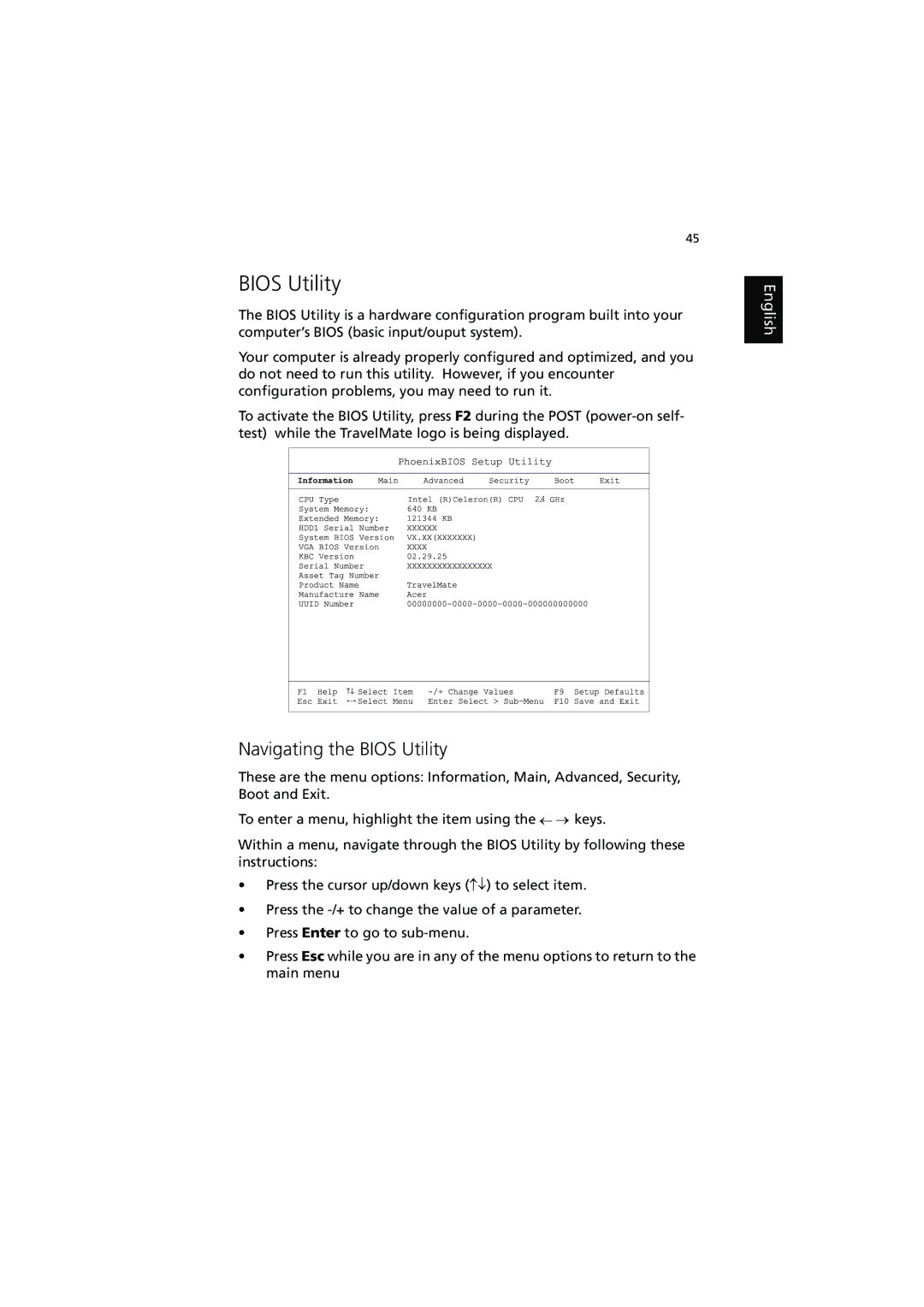 Acer 250, 240 manual Navigating the Bios Utility 