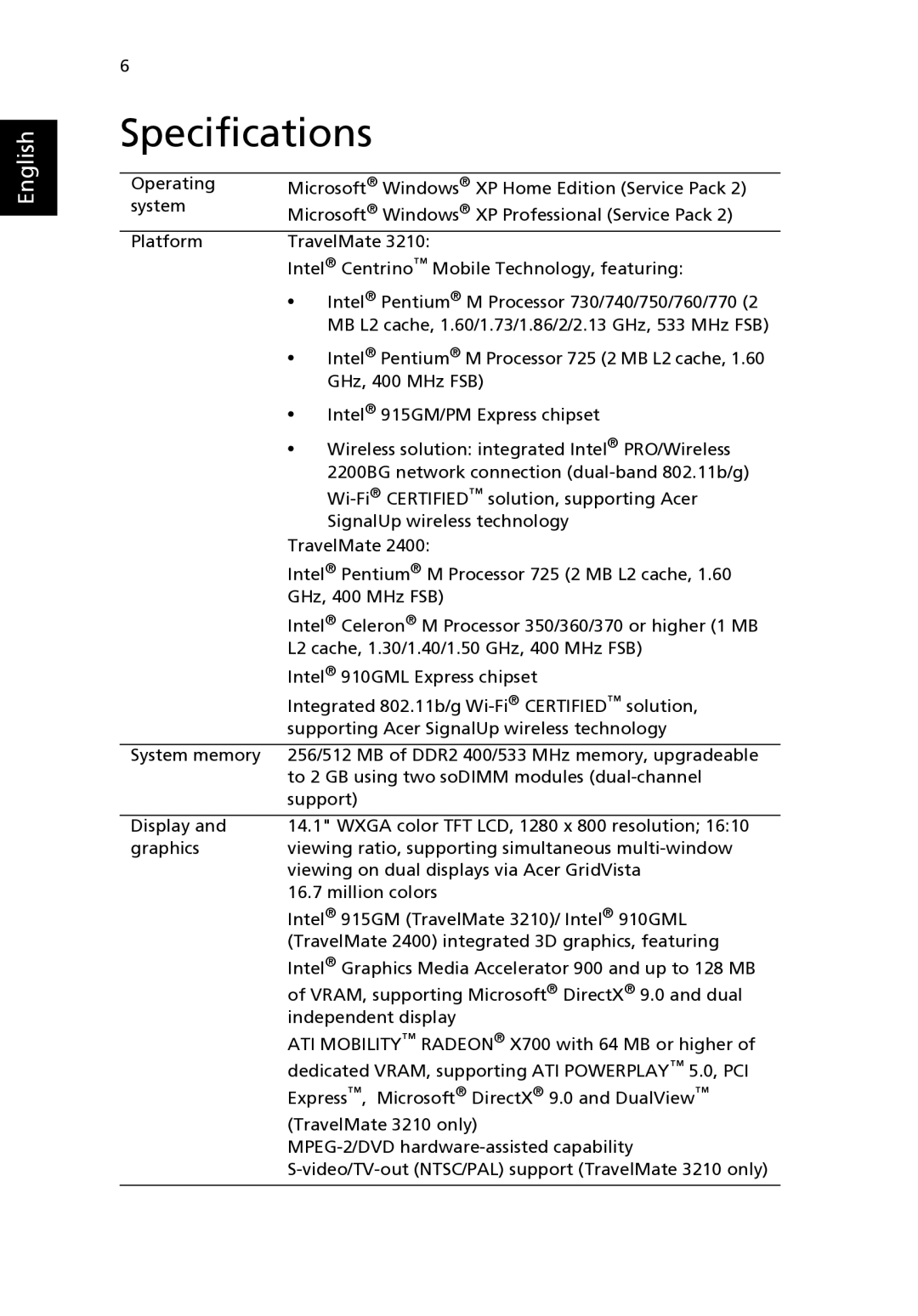 Acer 2400 Series, 3210 Series manual Specifications 