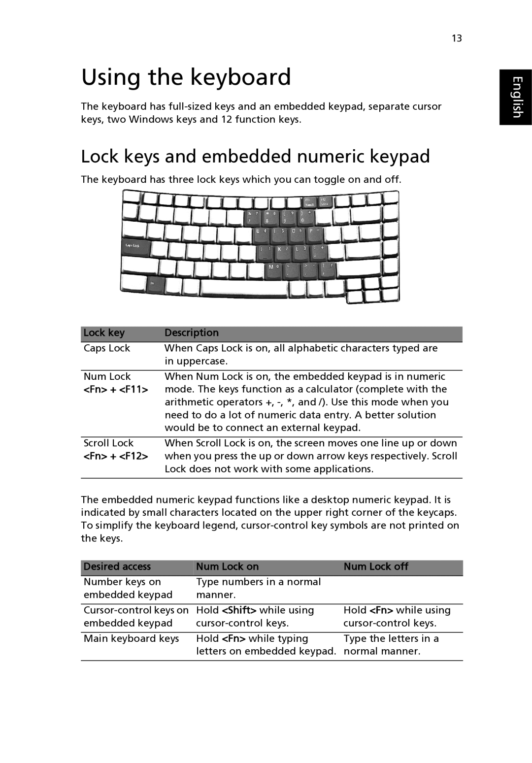 Acer 3210 Series, 2400 Series manual Using the keyboard, Lock keys and embedded numeric keypad 