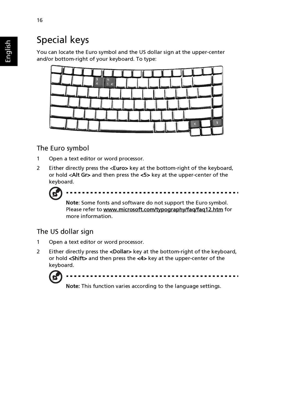 Acer 2400 Series, 3210 Series manual Special keys, Euro symbol 