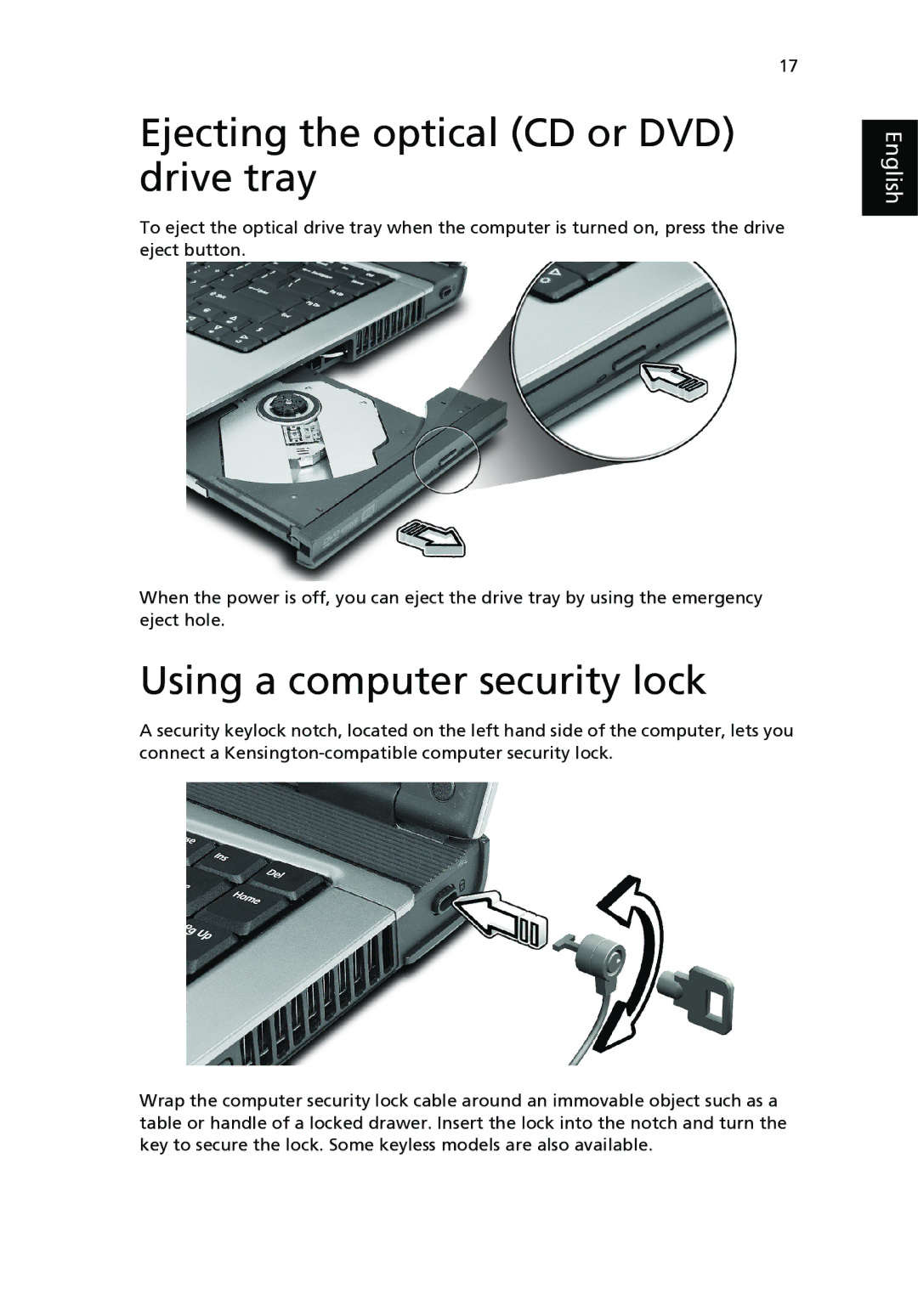 Acer 3210 Series, 2400 Series manual Ejecting the optical CD or DVD drive tray, Using a computer security lock 