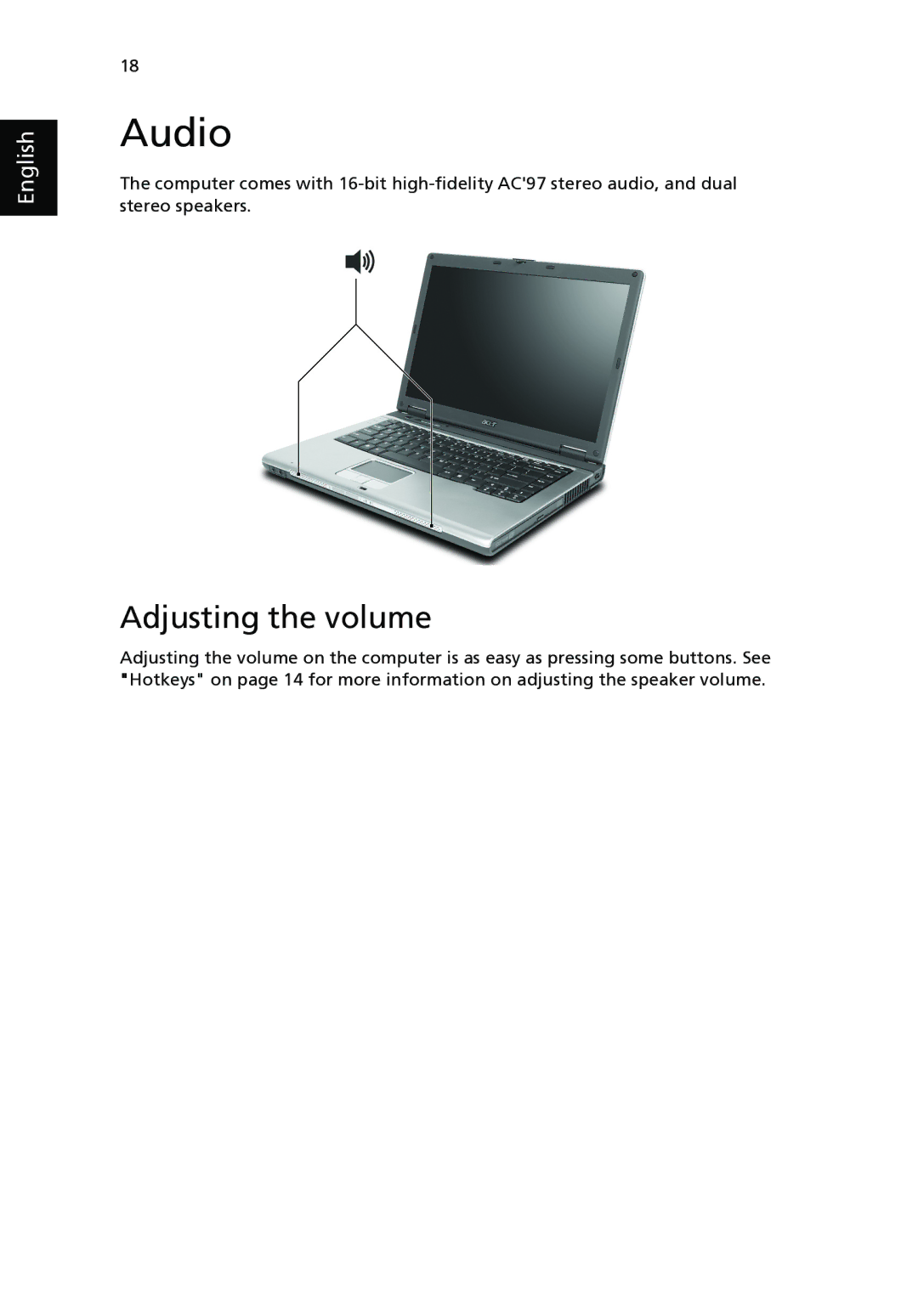 Acer 2400 Series, 3210 Series manual Audio, Adjusting the volume 