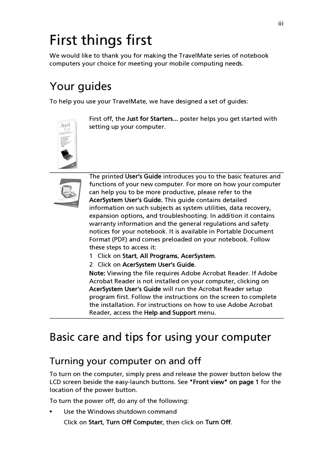 Acer 3210 Series, 2400 Series manual First things first, Your guides, Basic care and tips for using your computer 