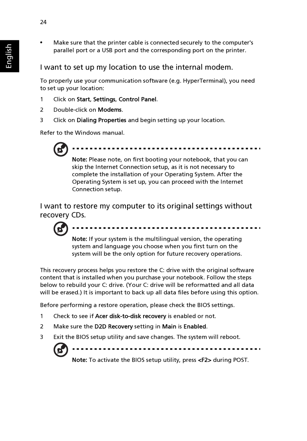 Acer 2400 Series manual Want to set up my location to use the internal modem, Click on Start, Settings, Control Panel 