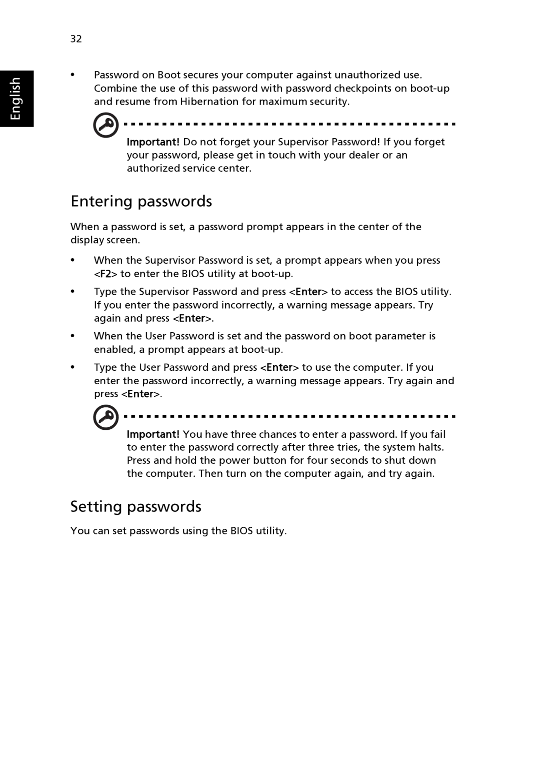 Acer 2400 Series, 3210 Series manual Entering passwords, Setting passwords 