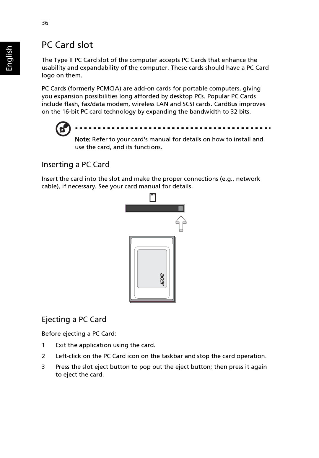 Acer 2400 Series, 3210 Series manual PC Card slot, Inserting a PC Card 