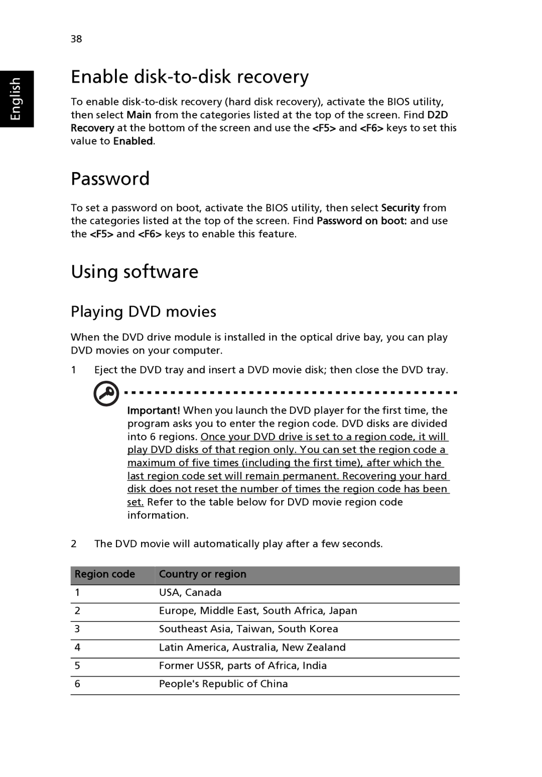 Acer 2400 Series Enable disk-to-disk recovery, Password, Using software, Playing DVD movies, Region code Country or region 