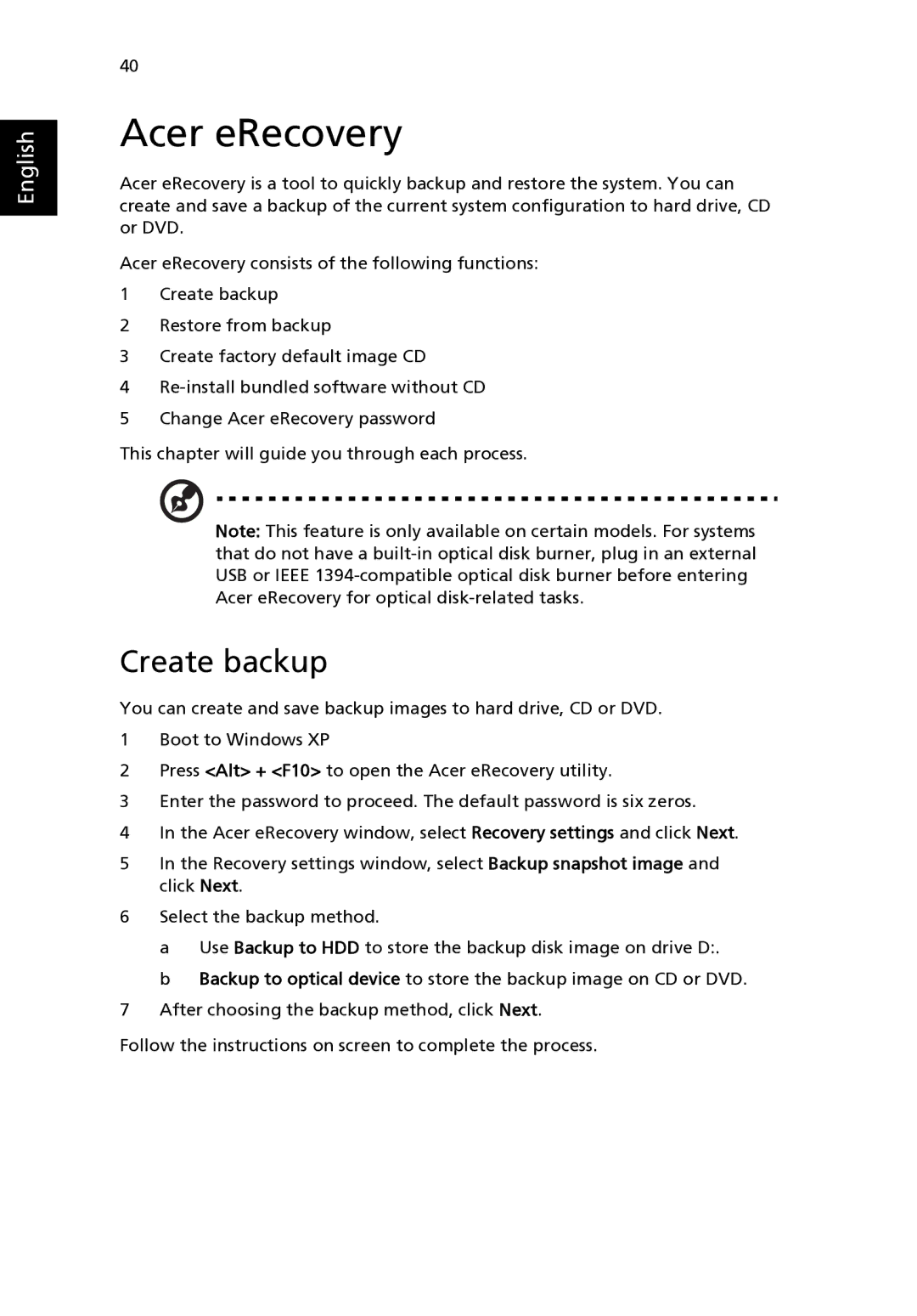 Acer 2400 Series, 3210 Series manual Acer eRecovery, Create backup 