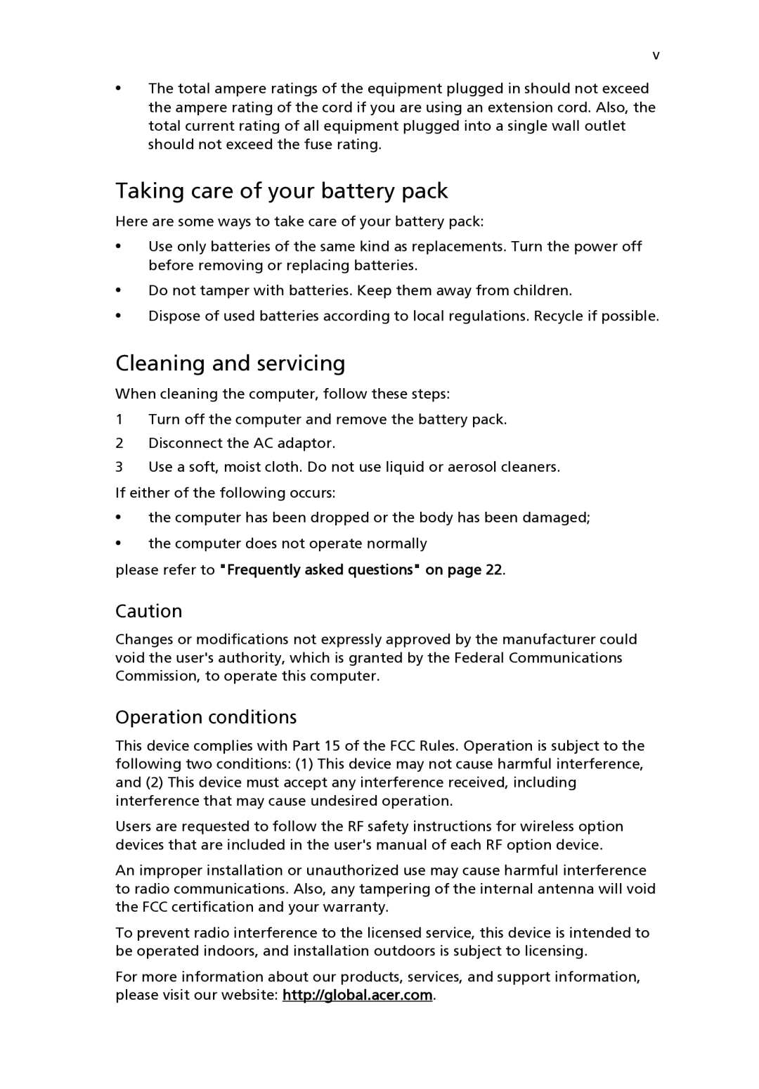 Acer 3210 Series Taking care of your battery pack, Cleaning and servicing, Please refer to Frequently asked questions on 