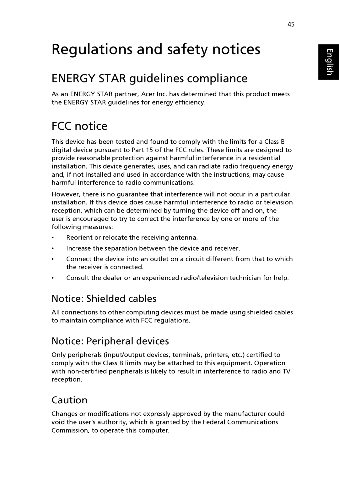 Acer 3210 Series, 2400 Series manual Regulations and safety notices, Energy Star guidelines compliance, FCC notice 