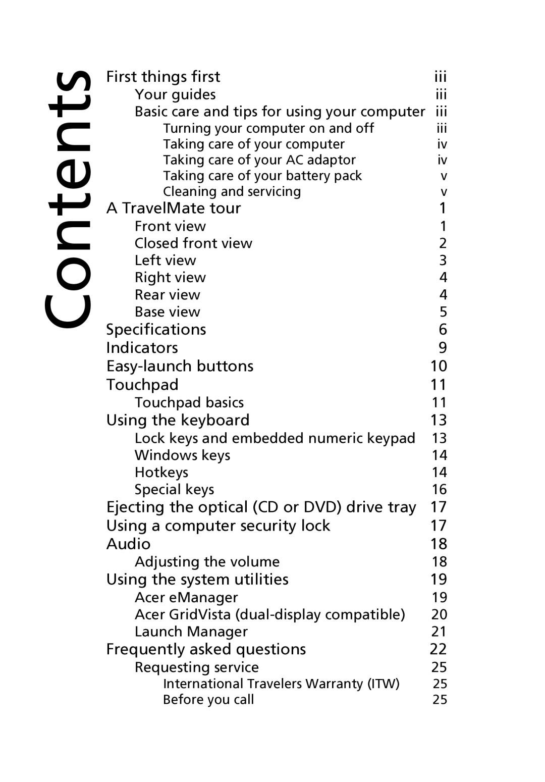 Acer 2400 Series, 3210 Series manual Contents 