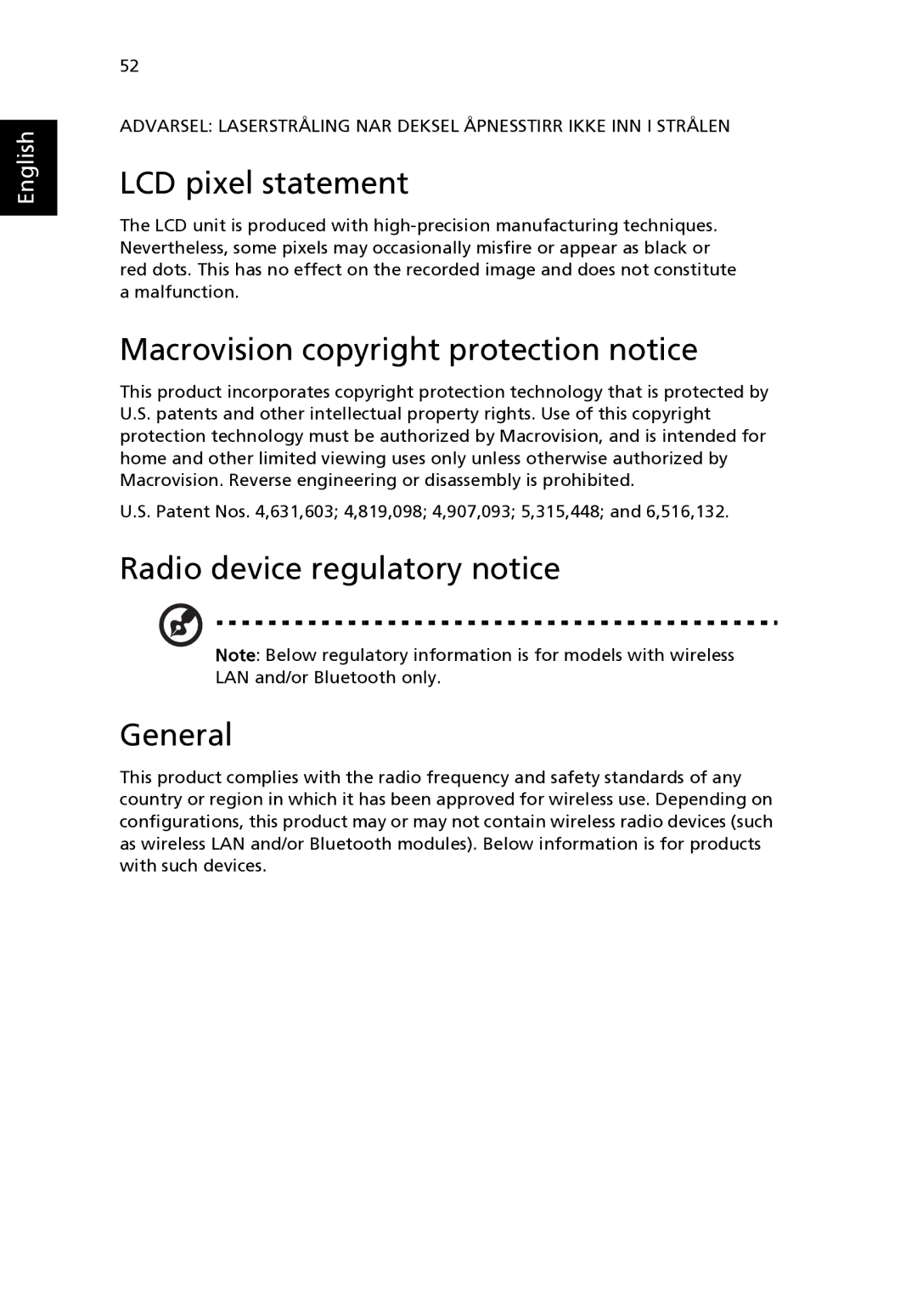 Acer 2400 Series LCD pixel statement, Macrovision copyright protection notice, Radio device regulatory notice General 