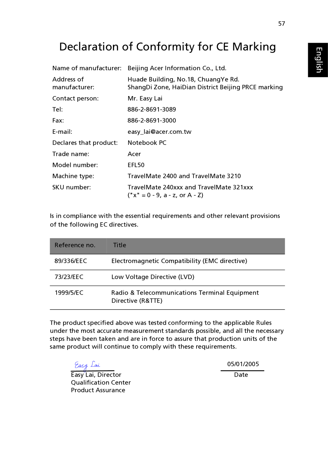 Acer 3210 Series, 2400 Series manual Declaration of Conformity for CE Marking 