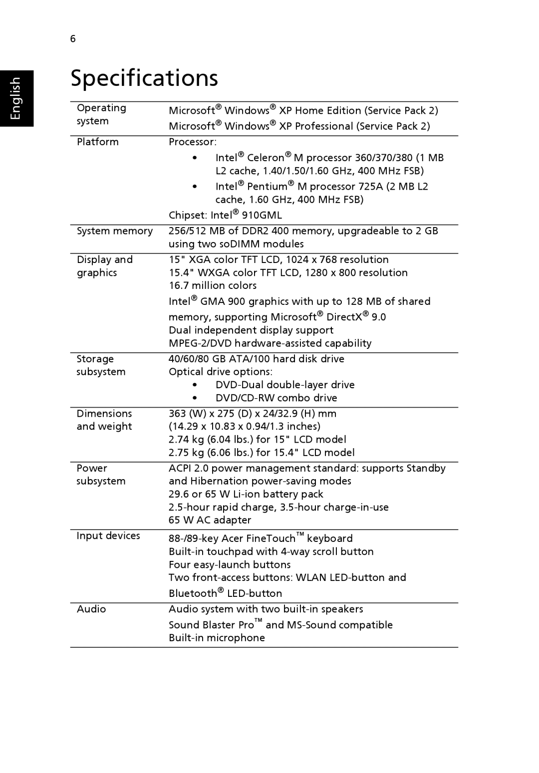 Acer 2410 Series manual Specifications 