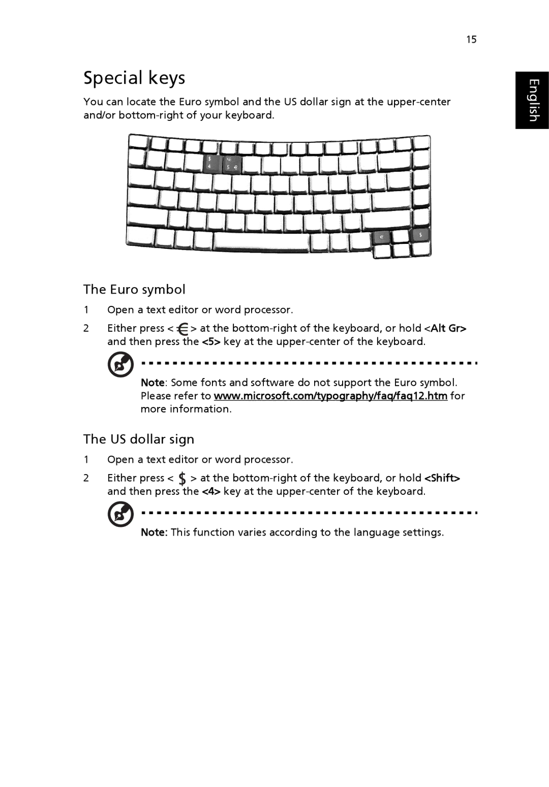 Acer 2410 Series manual Special keys, Euro symbol 