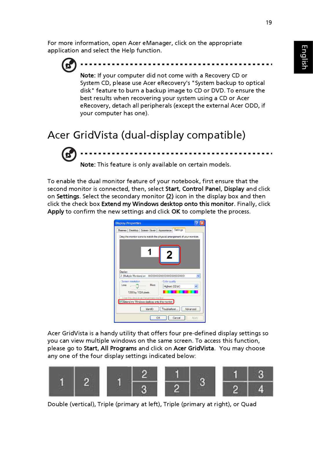 Acer 2410 Series manual Acer GridVista dual-display compatible 