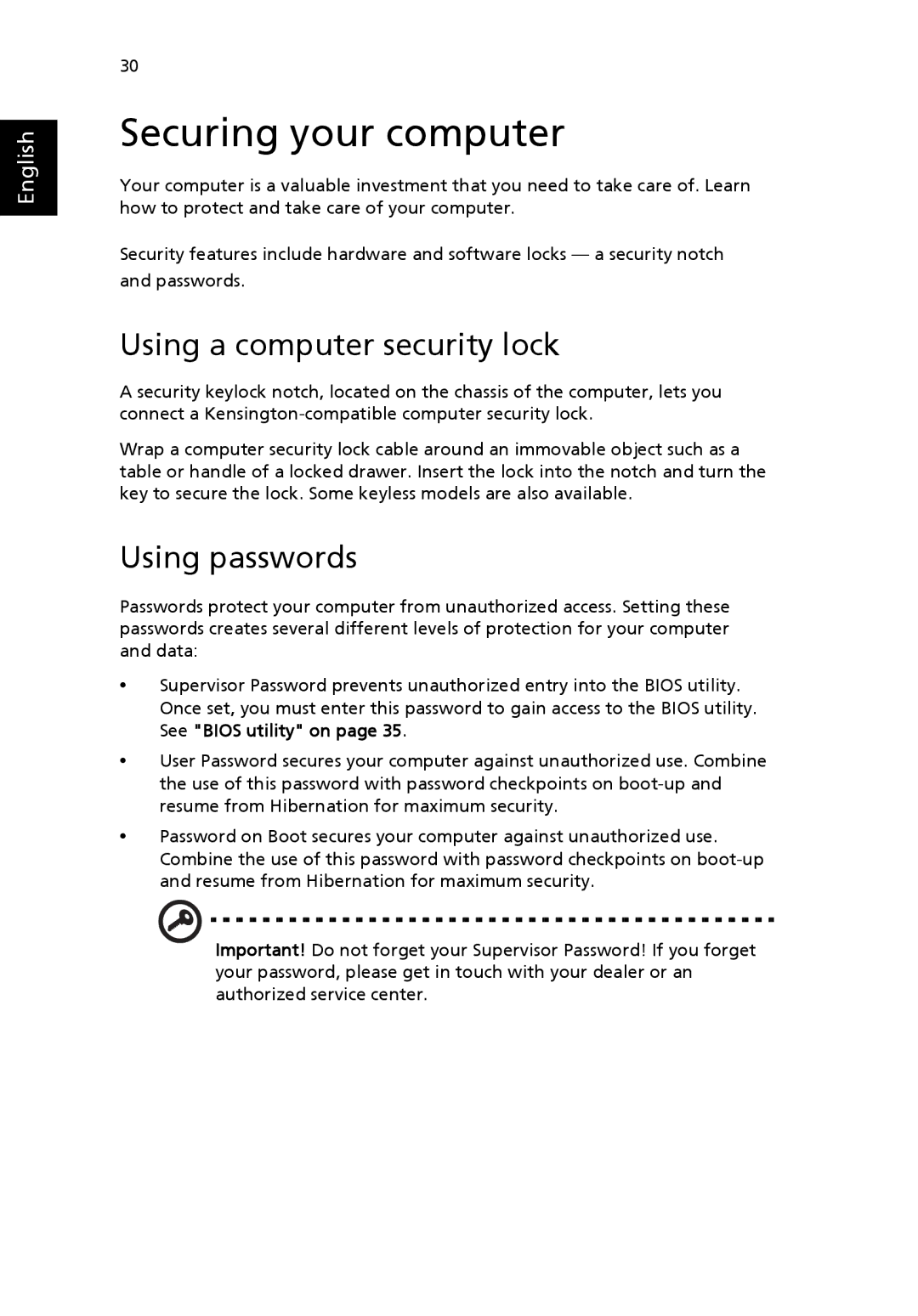 Acer 2410 Series manual Securing your computer, Using a computer security lock, Using passwords 