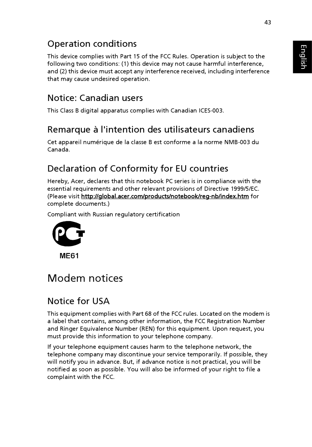 Acer 2410 Series manual Modem notices, Operation conditions, Remarque à lintention des utilisateurs canadiens 