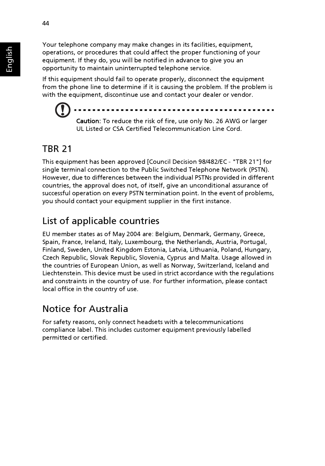 Acer 2410 Series manual Tbr, List of applicable countries 