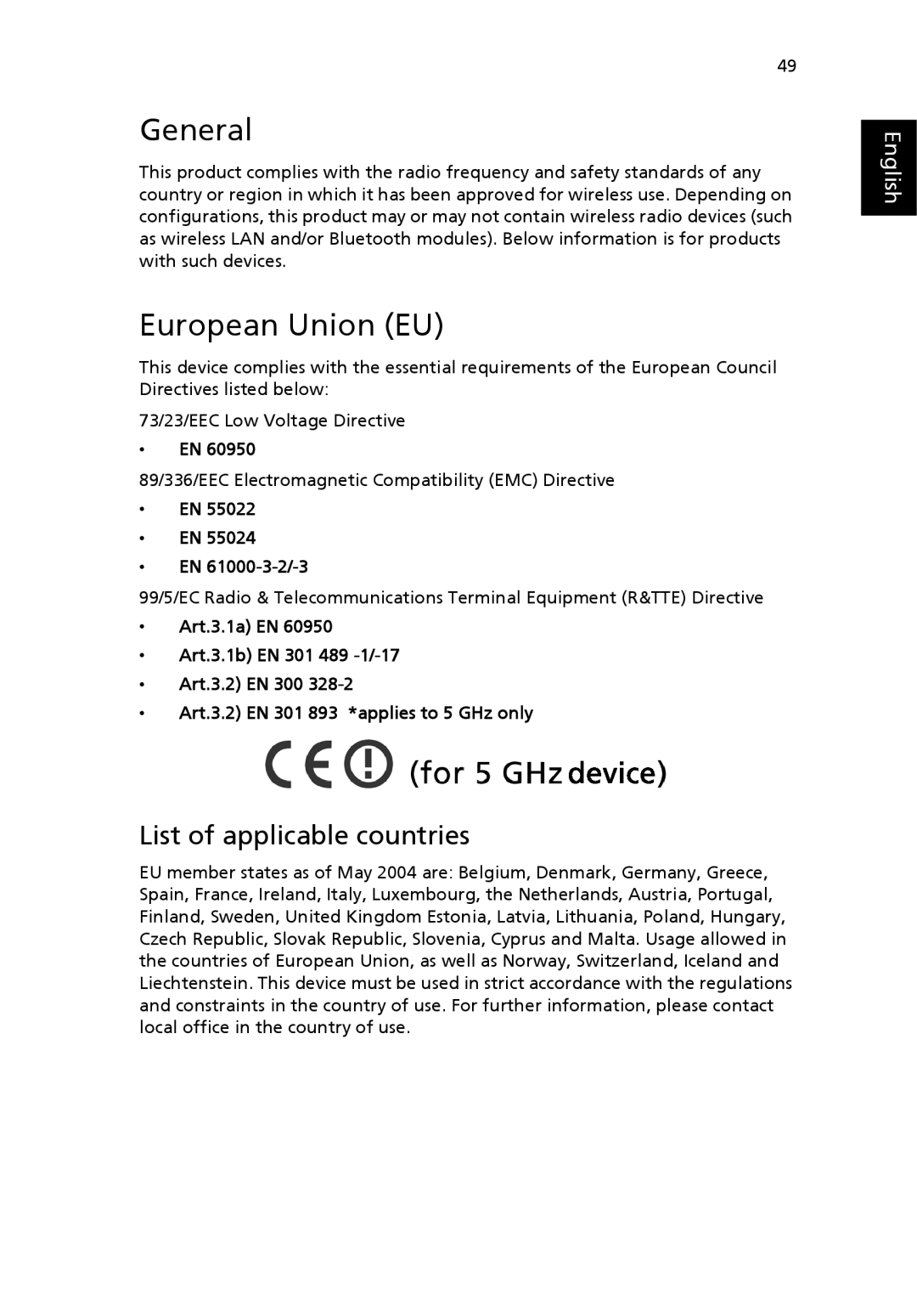 Acer 2410 Series manual General, European Union EU, EN 61000-3-2/-3 