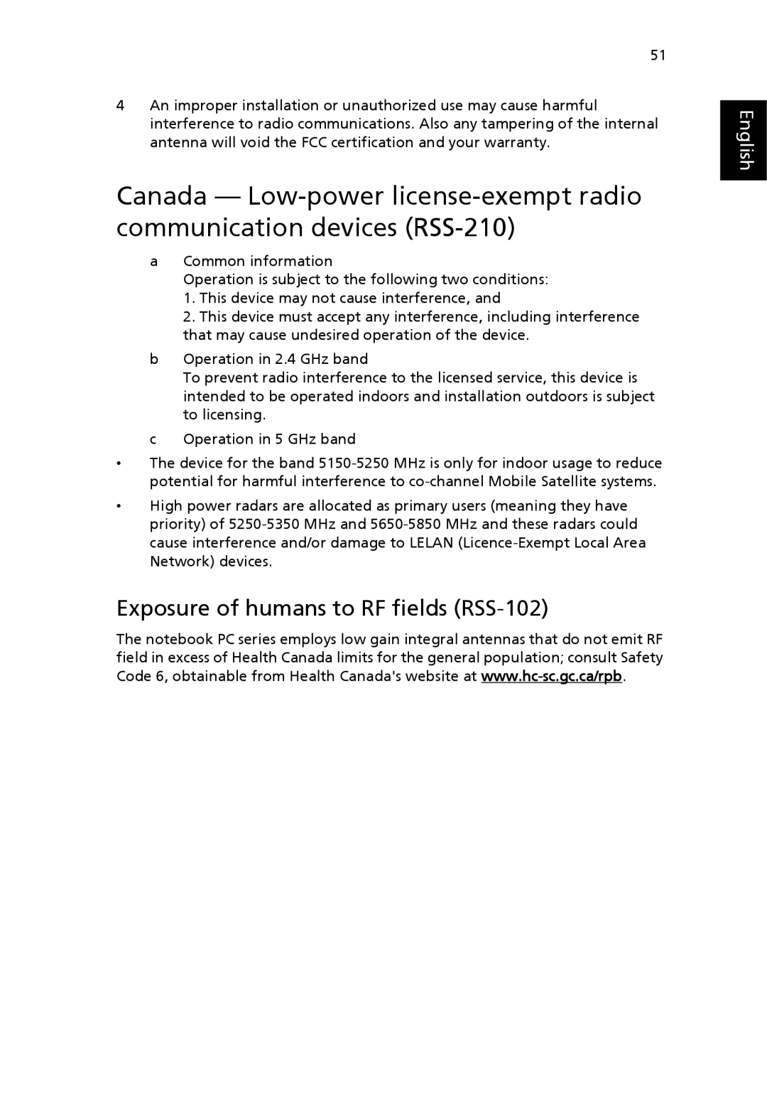 Acer 2410 Series manual Exposure of humans to RF fields RSS-102 