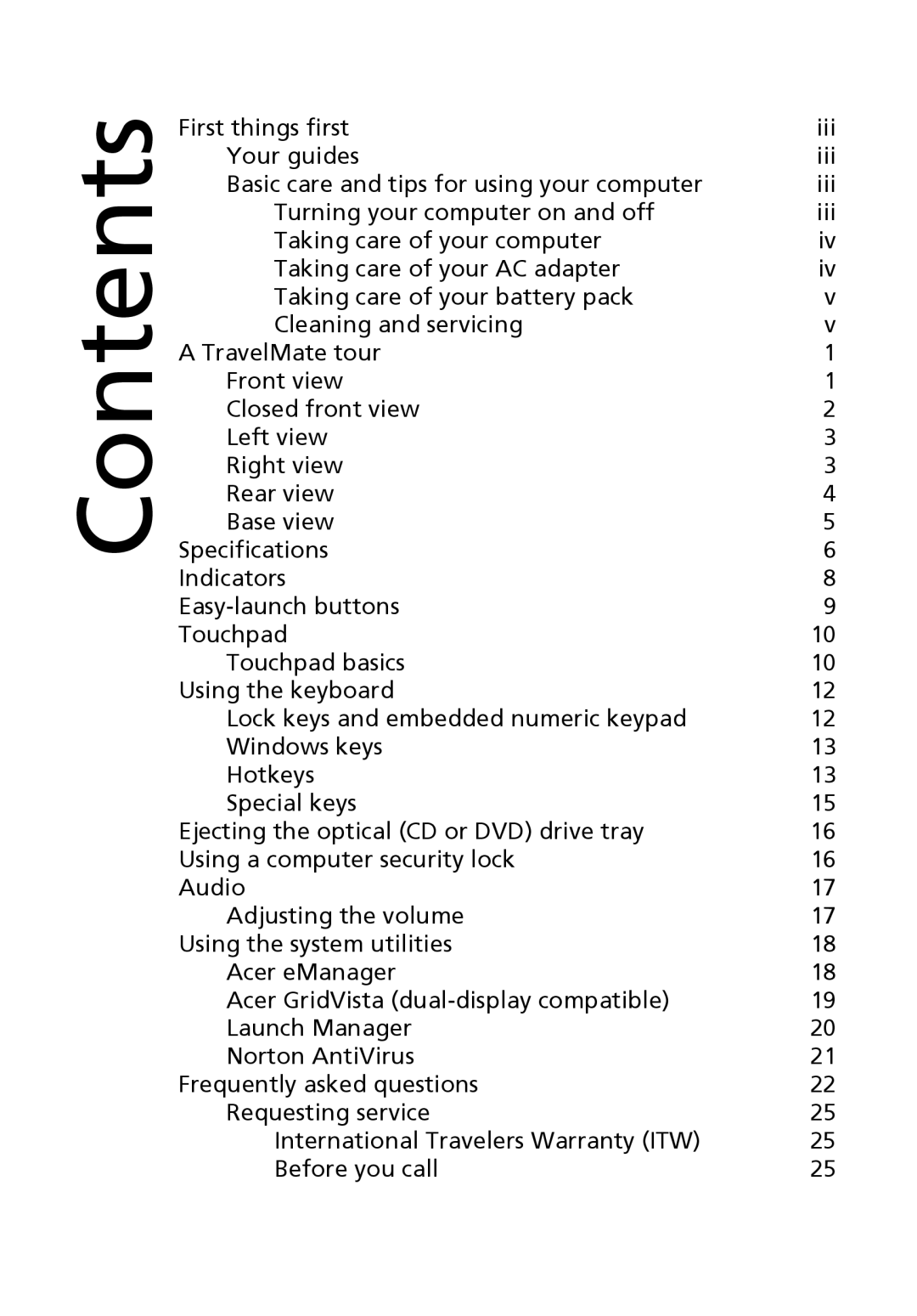 Acer 2410 Series manual Contents 