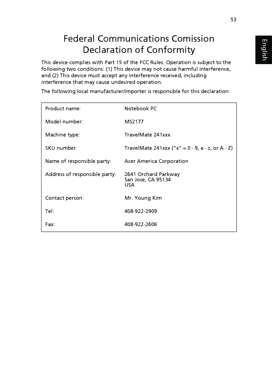 Acer 2410 Series manual Federal Communications Comission Declaration of Conformity 