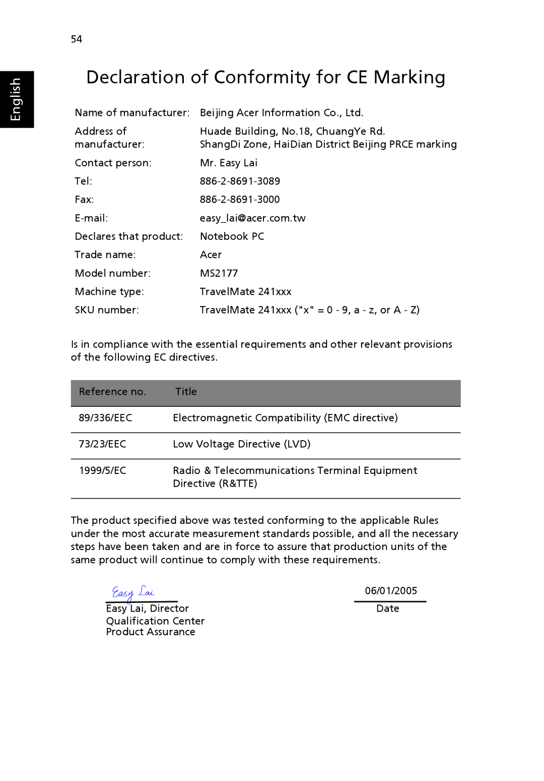 Acer 2410 Series manual Declaration of Conformity for CE Marking 