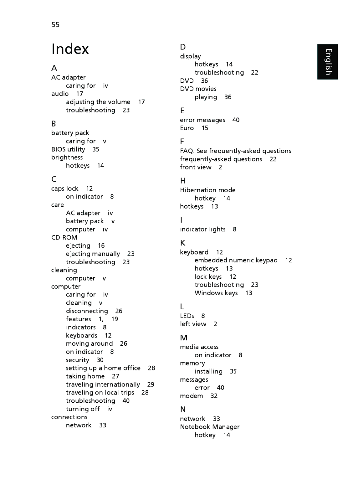 Acer 2410 Series manual Index, Cd-Rom 